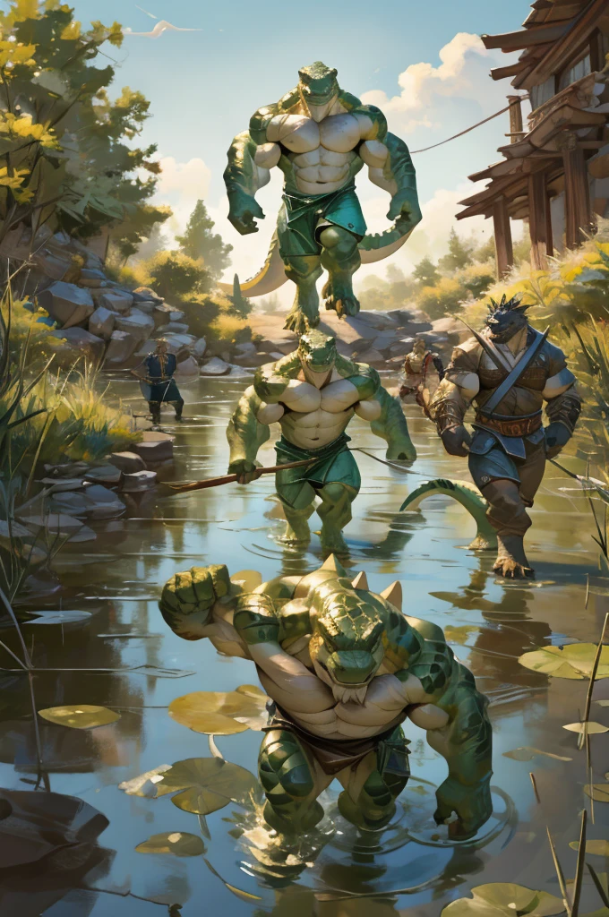 By Taran fiddler, bara, multiple people, lizard, older male, detailed faces, standing, naked, reptile men, a group of anthro reptiles, green scales, erected penises, savages, wearing loinclothes, holding spears, threatening poses, running, crawling, attacking, standing in water, chasing viewer, lake, dynamic camera angle, focus on faces