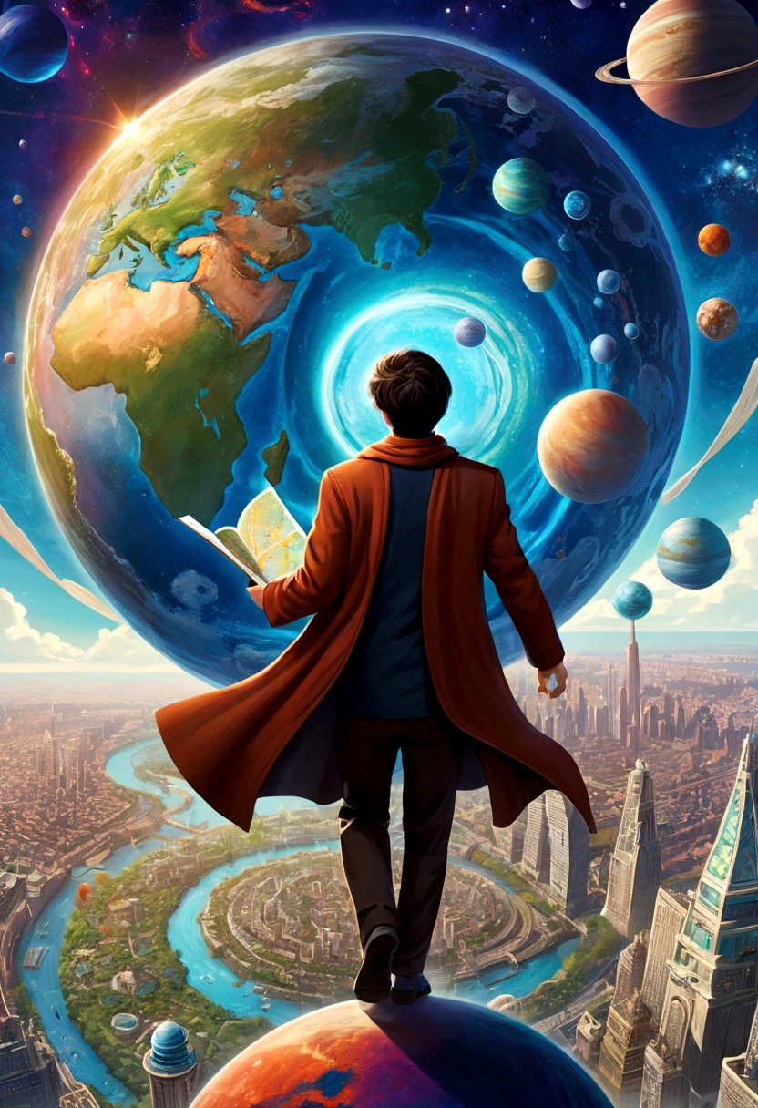 A man flies through the sky,Surrounded by a planet,A variety of stranger city surround it。The man holds the map,'s illustration。