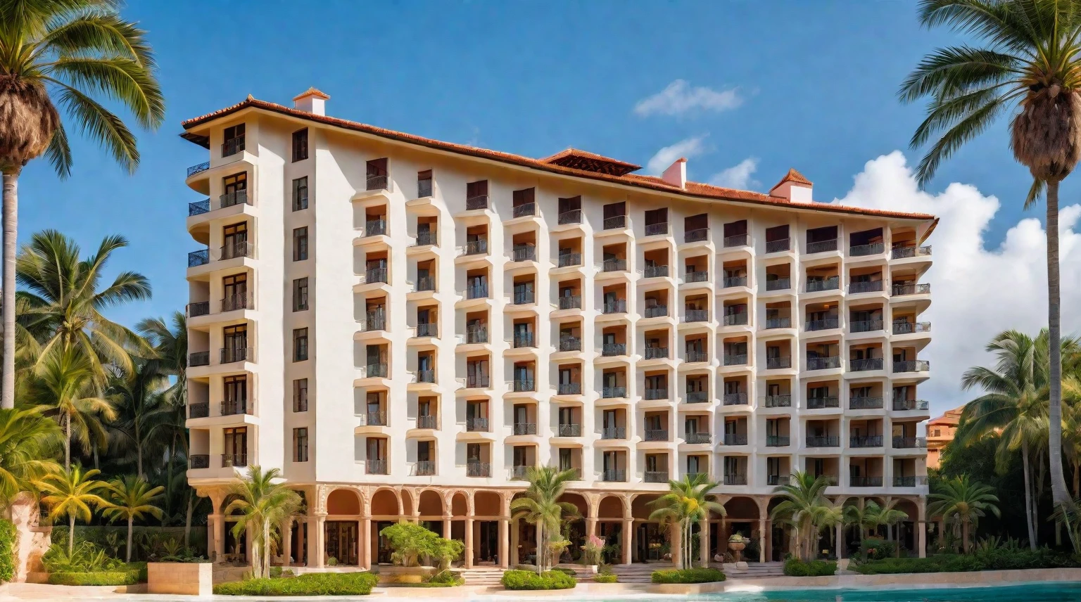 Tall Spanish-style hotel, luxurious tropical resort gardens, elegant architecture, terracotta roofs, ornate balconies, palm trees, lush greenery, high-end ambiance, detailed landscaping, tranquil water features, upscale outdoor lounges