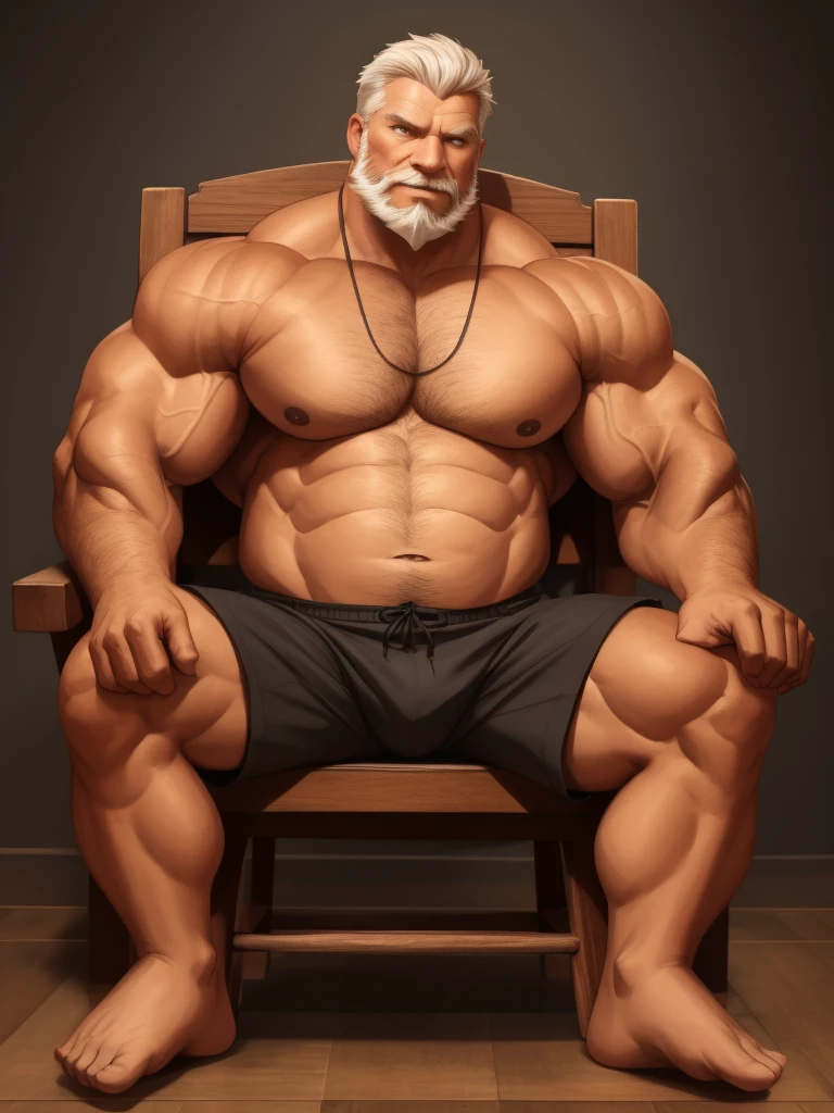solo, 1boy, Huge Muscular Old man sitting in wooden chair , view from upside, pectoral, thick arms, huge pectoral, wide pectoral, short white hair, short pants and shirtless, red bearded, simple background, masterpiece, semirealistic:1.2, high detailed, 8k, high resolution