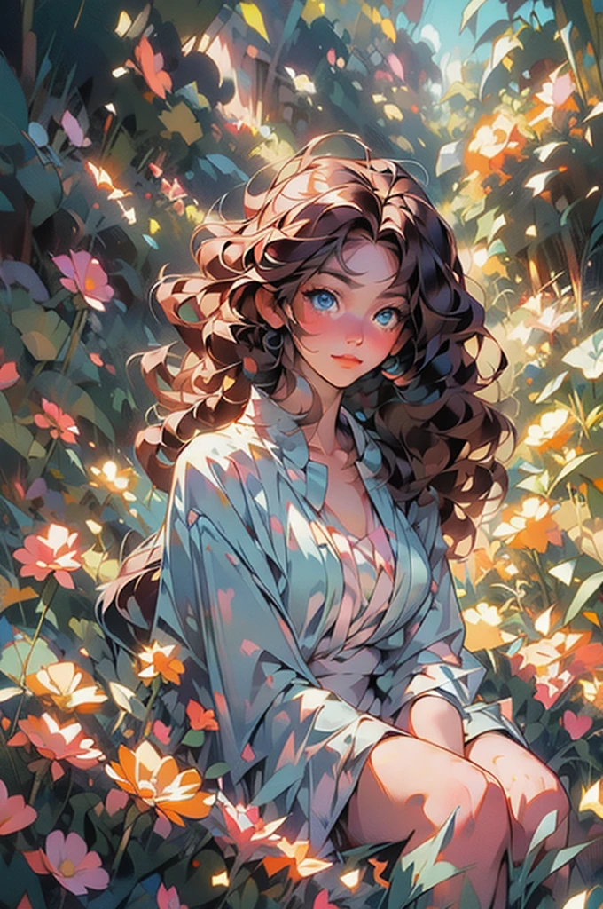 anime beautiful girl, Alone, detailed face, long curly brown hair, Blue eyes, seated, surrounded by flowers, bottom (minimalist, pastel colours, chapoteo), digital art, Masterpiece, ultra detailed, Best Quality, bottom de pantalla