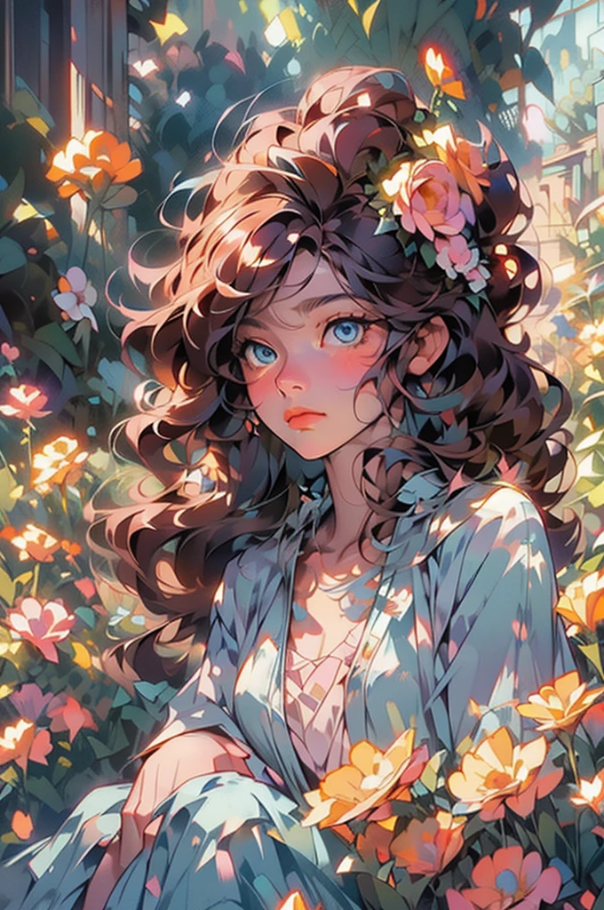 anime beautiful girl, Alone, detailed face, long curly brown hair, Blue eyes, seated, surrounded by flowers, bottom (minimalist, pastel colours, chapoteo), digital art, Masterpiece, ultra detailed, Best Quality, bottom de pantalla