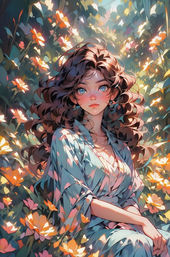 anime beautiful girl, Alone, detailed face, long curly brown hair, Blue eyes, seated, surrounded by flowers, bottom (minimalist, pastel colours, chapoteo), digital art, Masterpiece, ultra detailed, Best Quality, bottom de pantalla