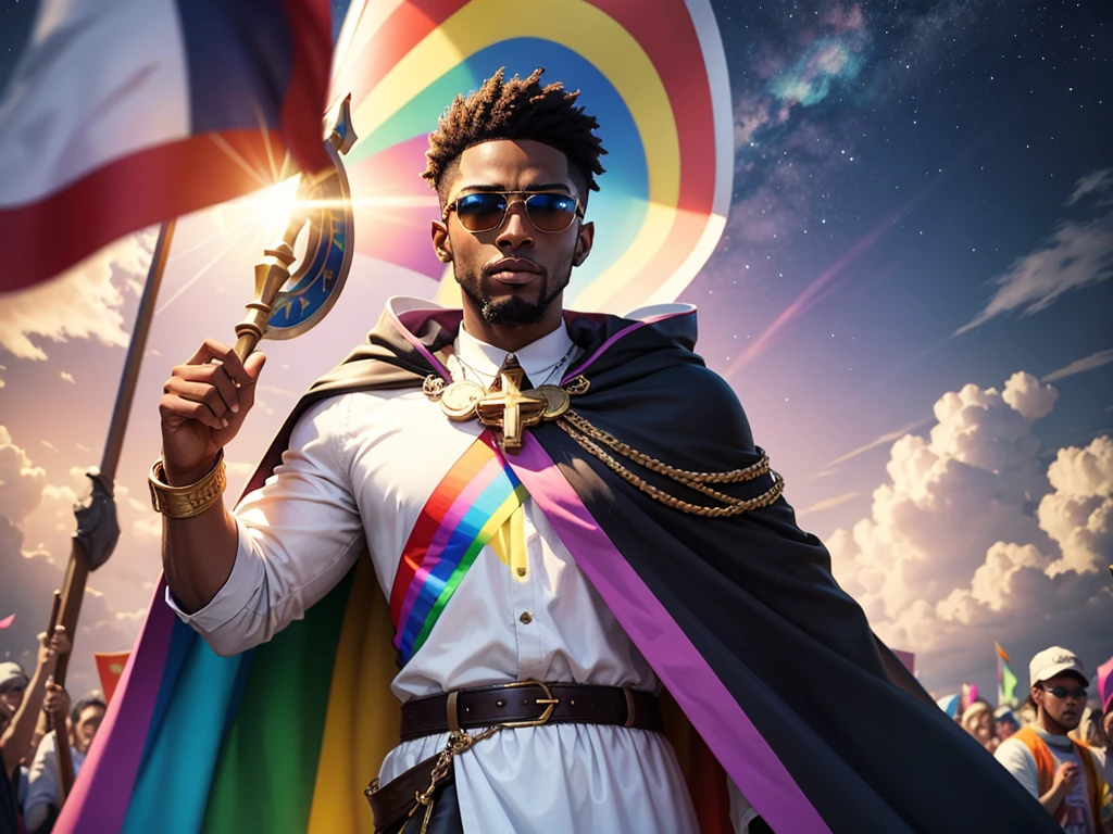 The saint of homosexuals, godly image, pride flag as a cape, black man in rainbow clothes and very cool sunglasses, angels taking him up to the heavens, intimidating image everything is rainbow colored, huge crowd waving pride flags, the man holds a scepter with a cross