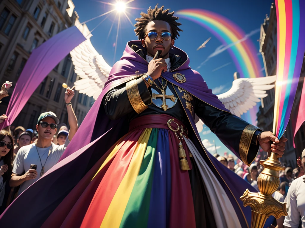 The saint of homosexuals, godly image, pride flag as a cape, black man in rainbow clothes and very cool sunglasses, angels taking him up to the heavens, intimidating image everything is rainbow colored, huge crowd waving pride flags, the man holds a scepter with a cross