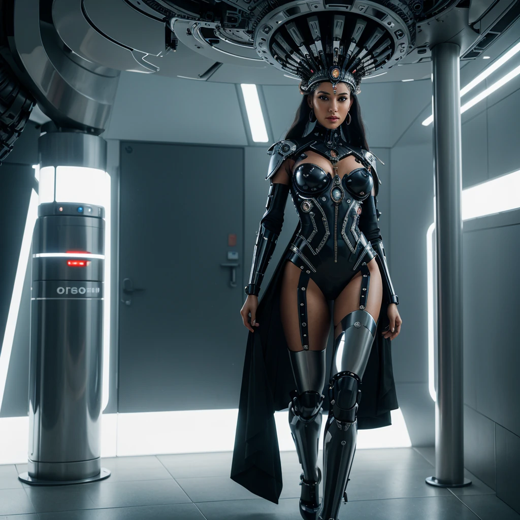 woman in headdress, full length, seductive, very detailed visual portrait, futuristic робототехник, nice, extremely detailed shot of the goddess, beautiful cyborg girl, Jason Angle, keyframe, anthropomorphic _ Humanoid, futuristic, realistic and high quality. With a good and seductive figure and look/ busy with work