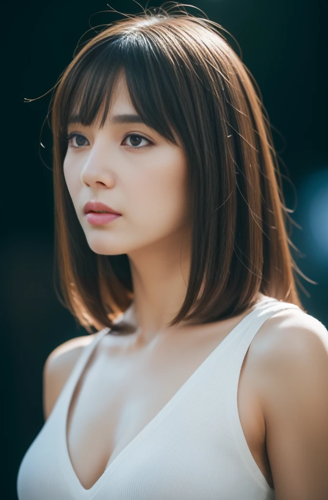 Masseter muscle part, best quality, masterpiece, high resolution, Photorealism, RAW photos, 8k wallpaper, Perfect, Professional lighting, Very detailed, Written border depth,Light solid color background, ((A beautiful woman)), ((40 years old)), Cool Woman, Delicate face, beautiful eyes, Bangs, Small, well-shaped breasts, Light Brown Straight Hair, The lips are weak, ((Stand facing forward、Look at the audience&#39;Serious face eyes.)),Sleeveless Summer Sweater, White long skirt, full-body shot,The high heels on my feet