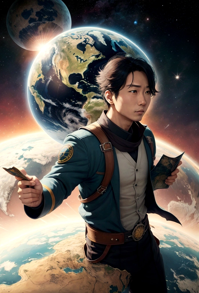 A man flies through the sky,Surrounded by a planet,A variety of stranger city surround it。The man holds the map,'s illustration。