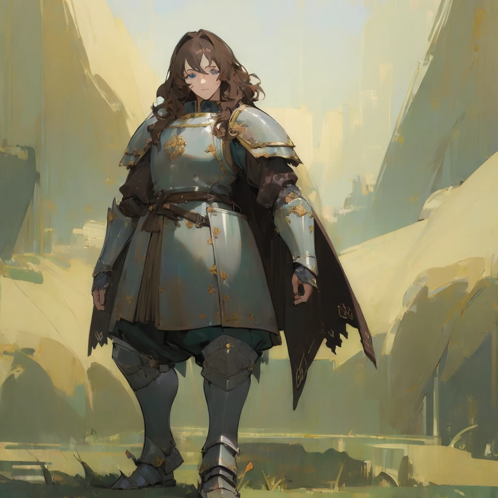 (solo), (masterpiece:2), (high quality), (high detail), (anime:1.25), (guy, male), fantasy, medieval, (brown hair, wavy, thick), (blue eyes), (knight's half-plate armor), (full height, standing)