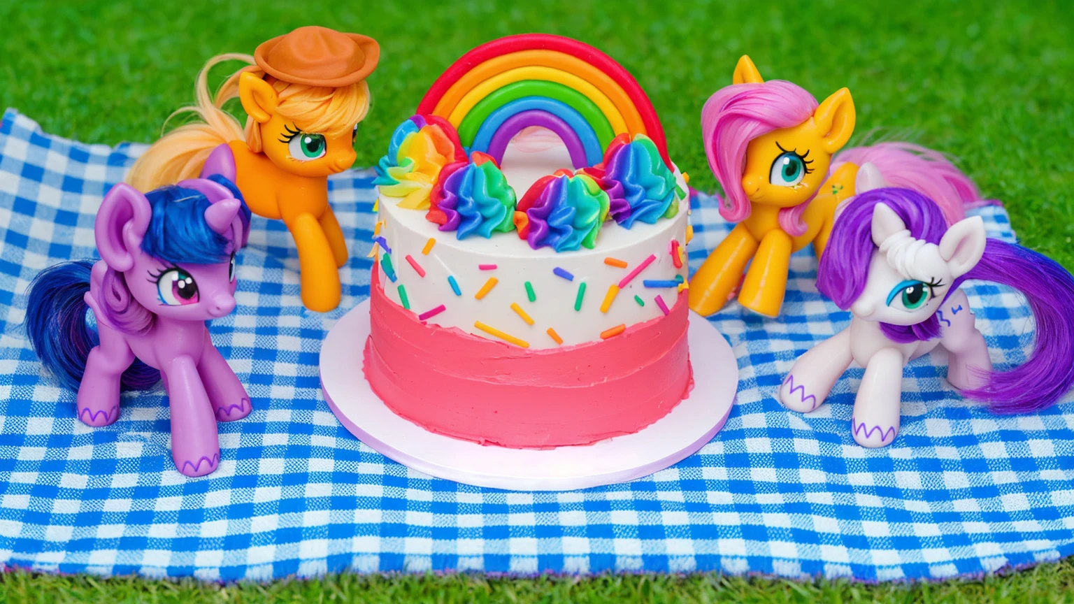 on the grass, on a pink checkered tablecloth. there is a white plate with cake, white and pink cream cake, Rainbow confectionery powder on the cake, top rainbow gradient cream, polymer clay rainbow, рядом стоят пластиковые pony toys из мультфильма My Little Pony, pony toys, purple pony with wing and horn, orange pony with hat and yellow hair, yellow pony with pink hair and wing, white pony with purple hair and horn. beautiful light, sunlight, sunny day, beautiful lighting, bright announcement, several light sources, Realistic style, realistic textures, high quality, high detail, detailed texture, ultra 4k hd