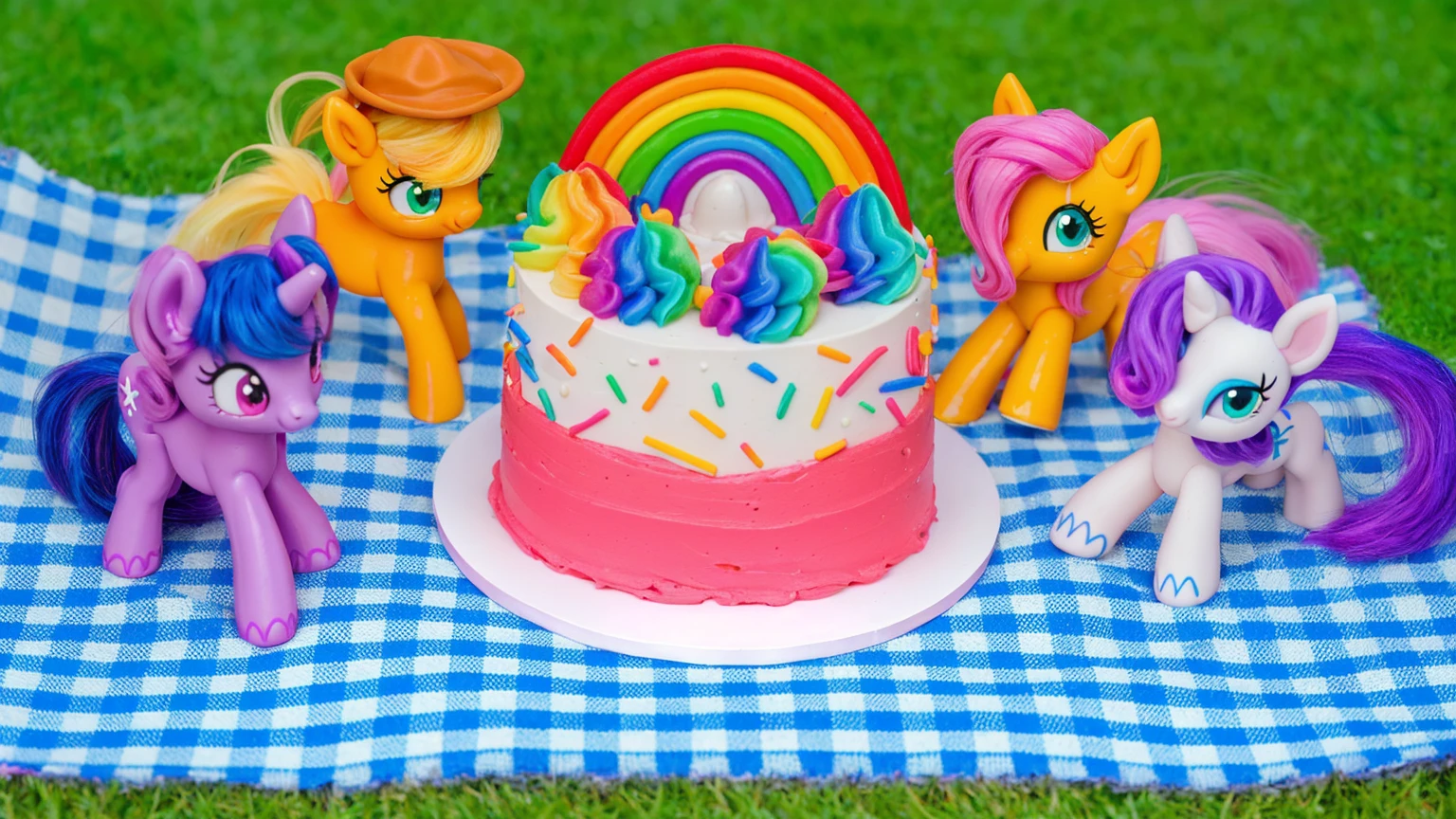 on the grass, on a pink checkered tablecloth. there is a white plate with cake, white and pink cream cake, Rainbow confectionery powder on the cake, top rainbow gradient cream, polymer clay rainbow, рядом стоят пластиковые pony toys из мультфильма My Little Pony, pony toys, purple pony with wing and horn, orange pony with hat and yellow hair, yellow pony with pink hair and wing, white pony with purple hair and horn.  beautiful light, sunlight, sunny day, beautiful lighting, bright announcement, several light sources, Realistic style, realistic textures, high quality, high detail, detailed texture, ultra 4k hd