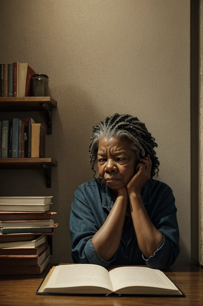 person sitting in a dimly lit room, surrounded by shelves filled with countless journals and notebooks. The figure is hunched over a blank page, pen in hand, their face a canvas of conflicting emotions — anguish, contemplation, and perhaps a glimmer of hope. Shadows play across the walls, hinting at the weight of untold stories that swirl around them like specters. Each story is a thread waiting to be woven into words, each journal a potential vessel for release and revelation. The atmosphere is heavy with the silence of the untold, yet charged with the potential for liberation through expression. This scene captures the essence of Maya Angelou's quote, illustrating the profound agony of unspoken narratives yearning to be written into existence. artwork idea with oil pastel