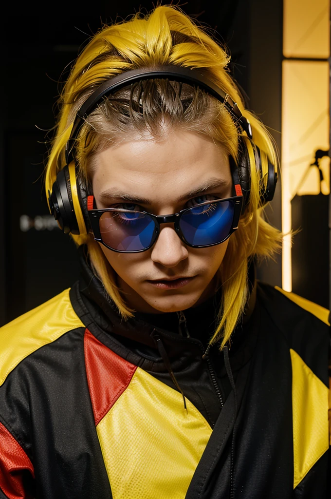 a guy with yellow hair wearing hexagonal glasses with red and blue eyes wearing black clothes and using a headset