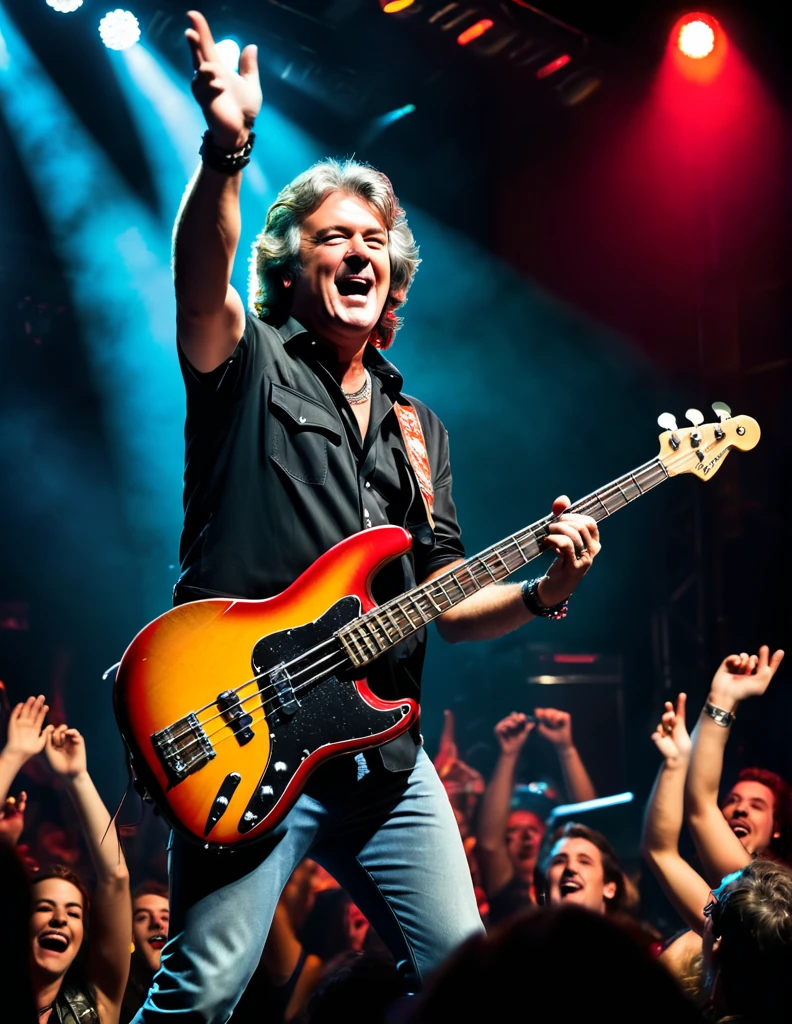 James May, dressed in a classic rock-inspired outfit, plays bass guitar on stage during a high-energy performance. The setting is a dimly lit, crowded rock club with a retro aesthetic. James is centered in the frame, his bass guitar at the ready. The background is filled with a sea of enthusiastic fans, all cheering and waving their hands in the air. The lighting is dramatic, with spotlights highlighting James's energetic pose. The overall mood is electric and lively, capturing the excitement of a live rock concert.