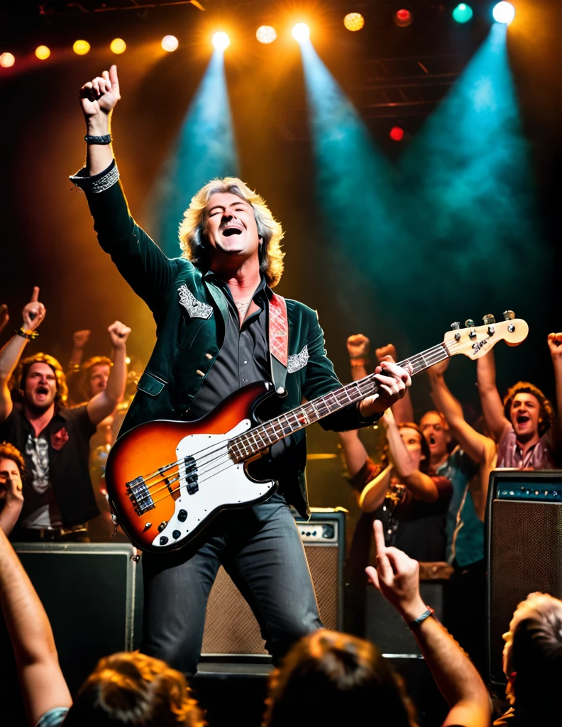 James May, dressed in a classic rock-inspired outfit, plays bass guitar on stage during a high-energy performance. The setting is a dimly lit, crowded rock club with a retro aesthetic. James is centered in the frame, his bass guitar at the ready. The background is filled with a sea of enthusiastic fans, all cheering and waving their hands in the air. The lighting is dramatic, with spotlights highlighting James's energetic pose. The overall mood is electric and lively, capturing the excitement of a live rock concert.