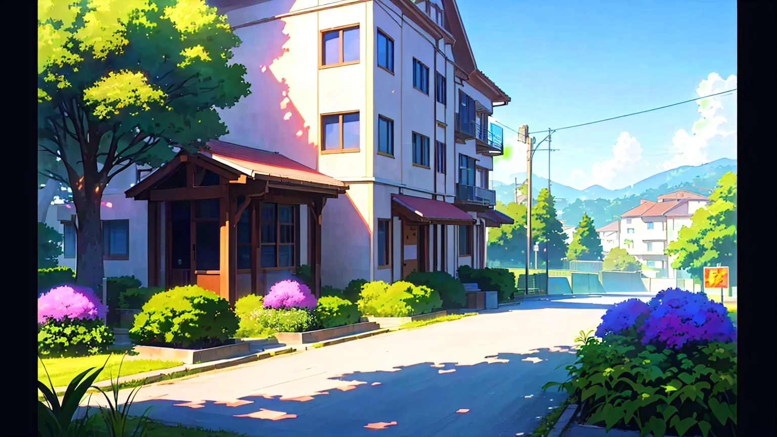 there is a painting of a street with a house and a car, anime background art, detailed scenery —width 672, anime style cityscape, anime countryside landscape, beautiful anime scenery, anime scenery, anime scenery concept art, realistic anime 3 d style, painted in anime painter studio, style of makoto shinkai, residential area, beautiful anime scene, anime landscape