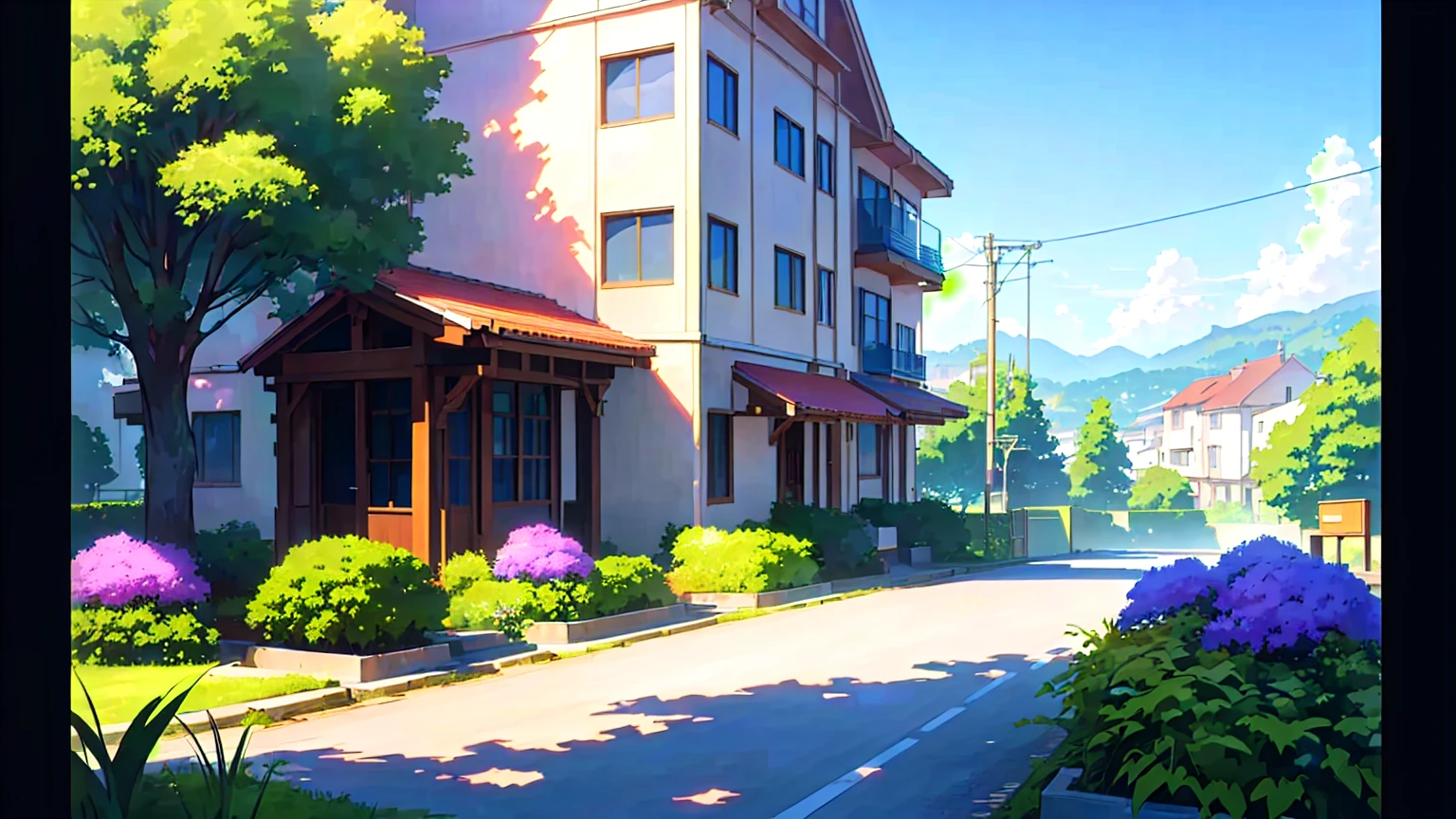 there is a painting of a street with a house and a car, anime background art, detailed scenery —width 672, anime style cityscape, anime countryside landscape, beautiful anime scenery, anime scenery, anime scenery concept art, realistic anime 3 d style, painted in anime painter studio, style of makoto shinkai, residential area, beautiful anime scene, anime landscape