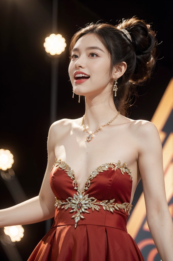 (((best quality))),(((ultra detailed))),(((masterpiece))),illustration, 1girl,singer,solo,short ponytail,open mouth,laughing,slim,thin,flat chest,small breasts,earrings,necklace,Maxi gorgeous sparkled red gown,slender legs,on the stage, performance, passion, confidence, elegance, lighting effects, decorations, audience, melodious voice, beautiful appearance, captivating performance,standing,upper body,from front