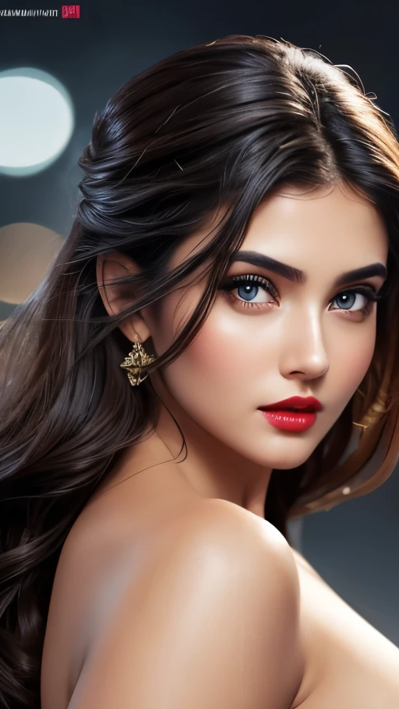 naked,big , night bokeh effect background, perfect pink eyes, fantastic face, Indian, beautiful look, ((red lips, bright eyes, curve heir 1.5)), ((beautiful details body)), A glorious gorgeous, glorious gorgeous face, pretty face, bright eyes, detailed elegant printed shirt, updo elegant hair, blurred gray tones background, ultra focus, face ilumined, face detailed, 8k resolution, painted, dry brush, brush strokes,