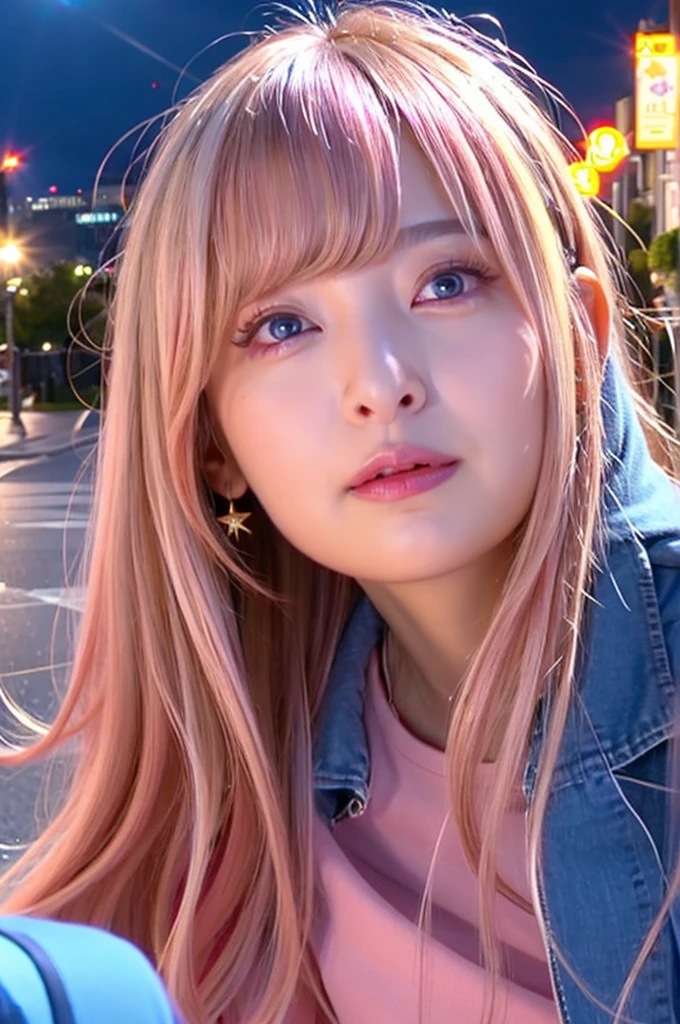 Ai Hoshino, beige pink hair, Blue Hair,Long Hair, favorite , beautiful, Shining Eyes, stars are reflected in my eyes, Idol, ２By people, 2 girls, Long pink hair