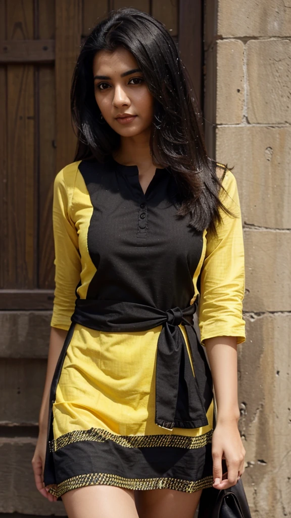 A indian gril black hair drees yellow kurta att siting road