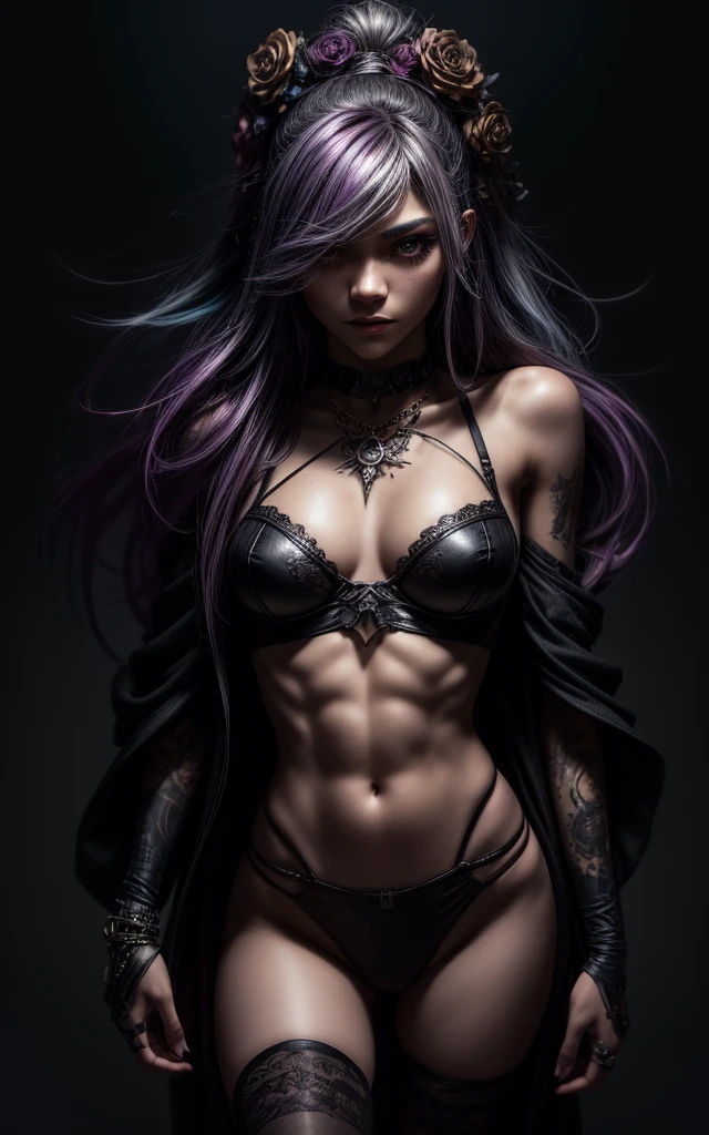 Full body portrait, (zendaya), at the the Grand Central Terminal, cinematic, medium shot, whole head in frame, detailed face, detailed eyes, evening, punk aesthetic, busty, curvy hips, ripped panties braces, suspenders, black boots, skull, heart, necklace, chain, bullets, black leather jacket, tattoo sleeve, right arm, intricate design, flowers, yellowed skull, dyed hair, light purple roots, blue ends, rock, chick, messy hair, Full body, Beautiful anime waifu style girl,hyperdetailed painting, luminism, art by Carne Griffiths and Wadim Kashin concept art, dark background, abstract beauty, approaching perfection, pure form, golden ratio, minimalistic, dark atmosphere, unfinished, concept art, by Brian Froud and Carne Griffiths and Wadim Kashin and John William Waterhouse, intricate details, 8k post production, high resolution, hyperdetailed, trending on artstation, sharp focus, studio photo, intricate details, highly detailed, by greg rutkowski