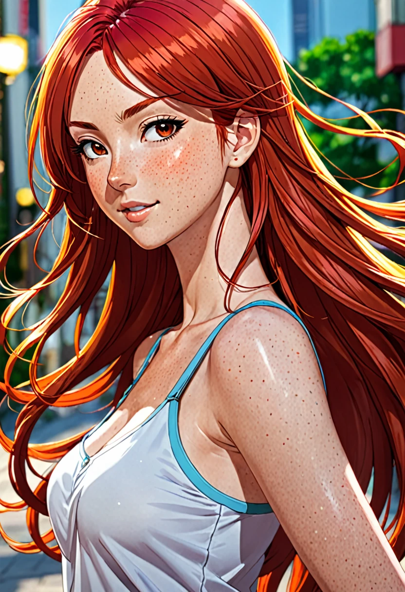 masterpiece, best quality, {best quality}, {{masterpiece}}, {highres}, focus, anime style, a closeup of a cartoon of a woman, girl design, portrait, giesha, anime image, long hair, red hair, redhead, straight eyes, polished and powerful look, exotic, tall, freckles, cheerful, casual chic clothing, colorful, colors  