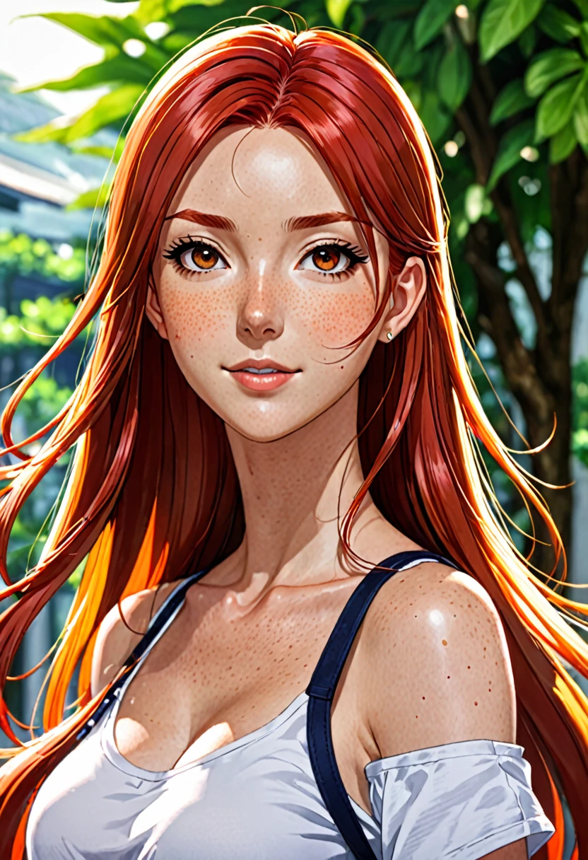 masterpiece, best quality, {best quality}, {{masterpiece}}, {highres}, focus, anime style, a closeup of a cartoon of a woman, girl design, portrait, giesha, anime image, long hair, red hair, redhead, straight eyes, polished and powerful look, exotic, tall, freckles, cheerful, casual chic clothing, colorful, colors