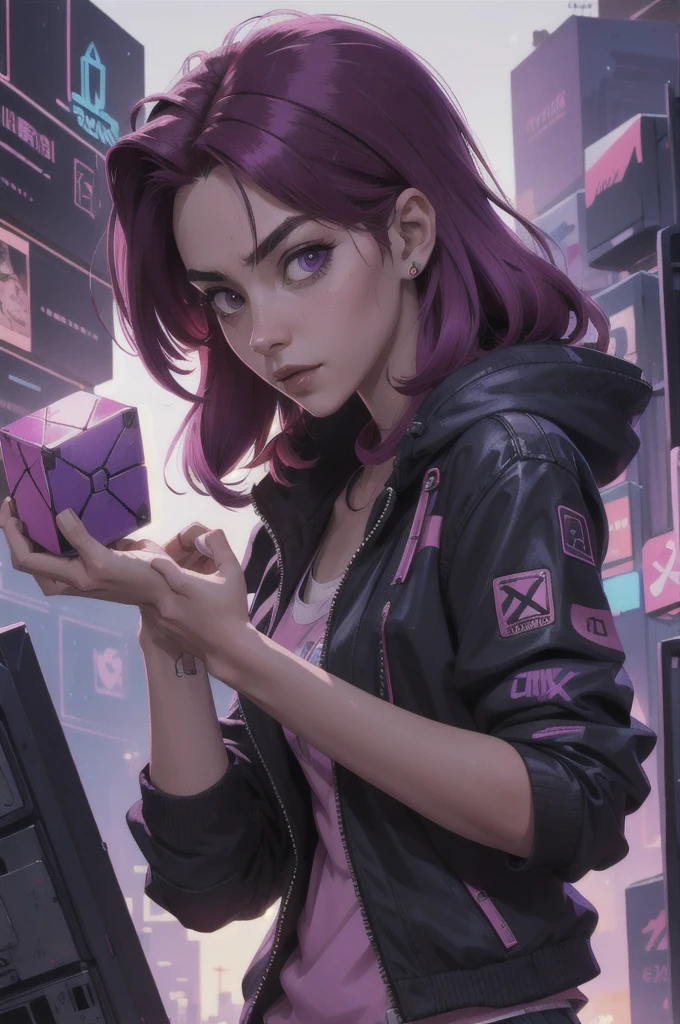 masterpiece, full quality,HD,girl with ruby bucket hair violetta, hands in front holding the cube,Cyberpunk