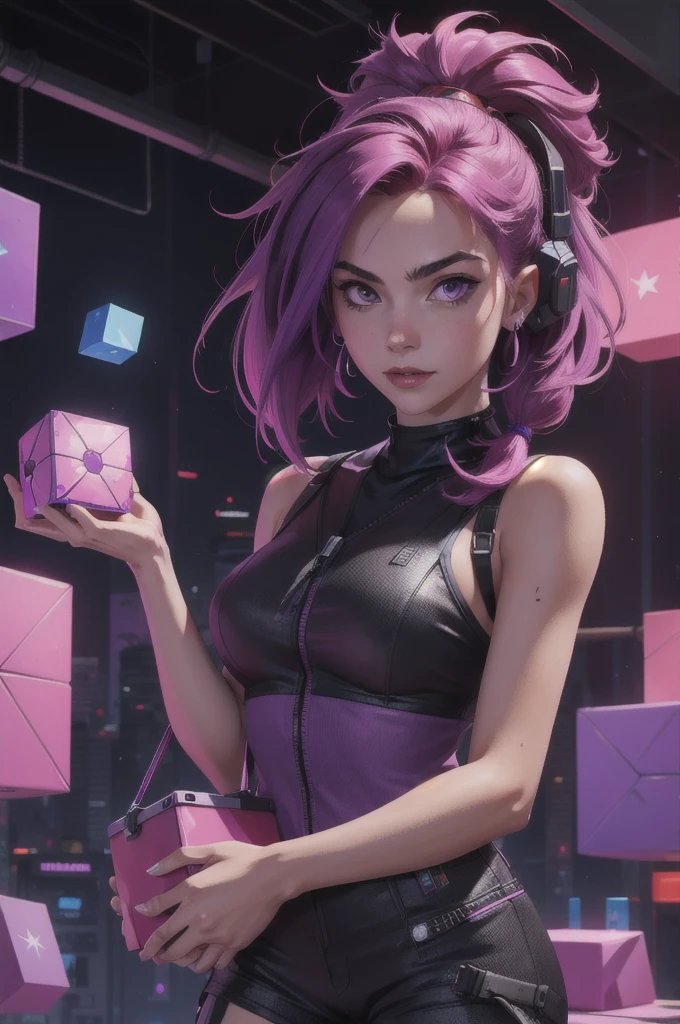 masterpiece, full quality,HD,girl with ruby bucket hair violetta, hands in front holding the cube,Cyberpunk