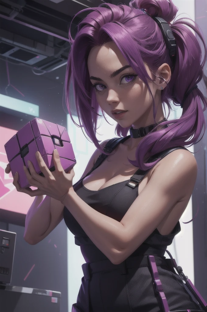 masterpiece, full quality,HD,girl with ruby bucket hair violetta, hands in front holding the cube,Cyberpunk