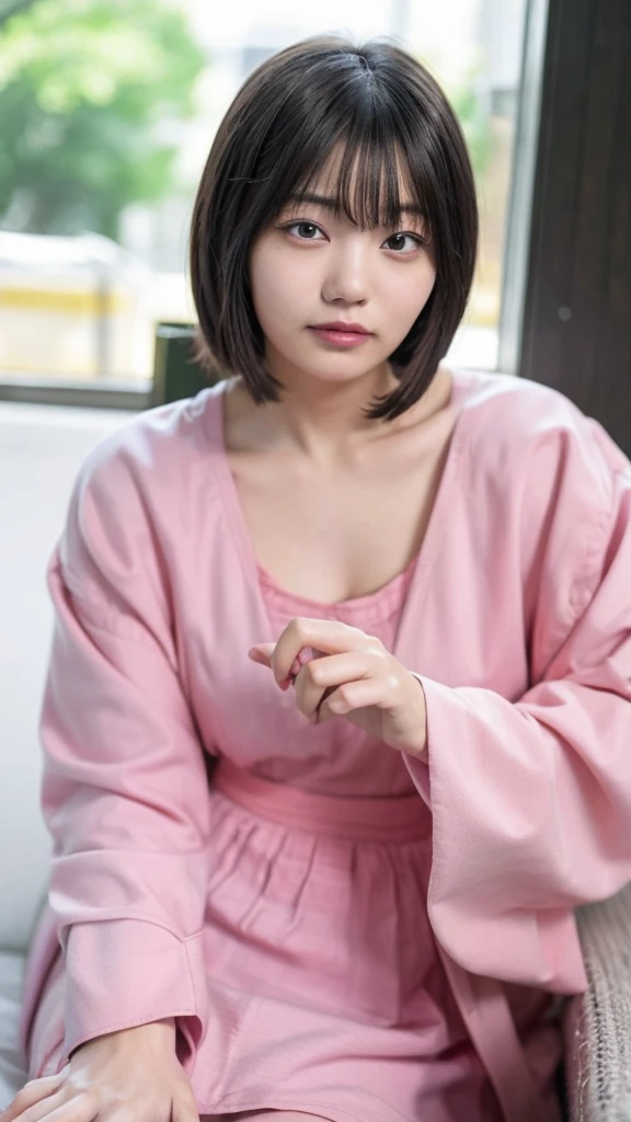 (((Ultra-high resolution、Close-up、Cute Japanese Woman)))、Long, straight black hair frames her face、So that every single hair is clearly visible、Depicts subtle color changes depending on the amount of light hitting the subject、The skin is white and smooth、Has a natural glow、Fine skin texture、Representing the fine details of pores、amountや頬に薄い赤みがある部分を詳細に、The eyes are almond-shaped and dark brown.、Fine details of the iris、Depicts color gradations and patterns、Long, natural-looking eyelashes, each and every one visible、Well-groomed eyebrows、indivual々The hair is clearly visible、Light reflects off into the eyes、Create small highlights、noseは繊細で、nose孔の細かいディテールがある、Lips are plump and naturally pink、Depicts the fine lines and soft curves of the lips、Shiny、Accentuate the shape、Detailed depiction of lip texture、Particular attention to the depiction of light and shadow、Soft natural light gently illuminates the face from the front、amount、nose、Creates a subtle glow on the cheeks、Shadows are cast softly along the contours of the face、cheekbone、Jaw Curve、noseの側面を強調、The gloss of her lips reflects the light faintly.、Emphasizes plump texture、The shadow of the hair adds depth and dimension.、indivual々The hair shines in the light、The background is simple and blurred.、Focus on the face、In the highest quality、Representing the utmost detail