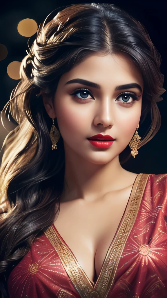 naked,big , night bokeh effect background, perfect pink eyes, fantastic face, Indian, beautiful look, ((red lips, bright eyes, curve heir 1.5)), ((beautiful details body)), A glorious gorgeous, glorious gorgeous face, pretty face, bright eyes, detailed elegant printed shirt, updo elegant hair, blurred gray tones background, ultra focus, face ilumined, face detailed, 8k resolution, painted, dry brush, brush strokes,
