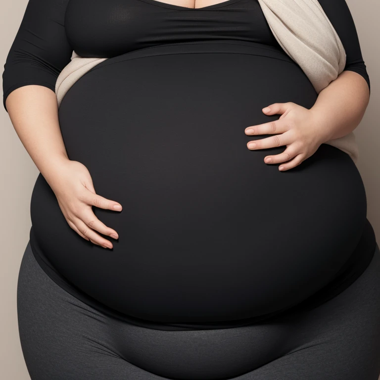 pregnant woman in black top and black pants reaching out, large round belly, thick and round belly, chubby woman, chubby belly, big belly, folds of abdominal flap, chubby, large belly, curvy woman, pregnant belly, portrait of a chubby woman, a chubby