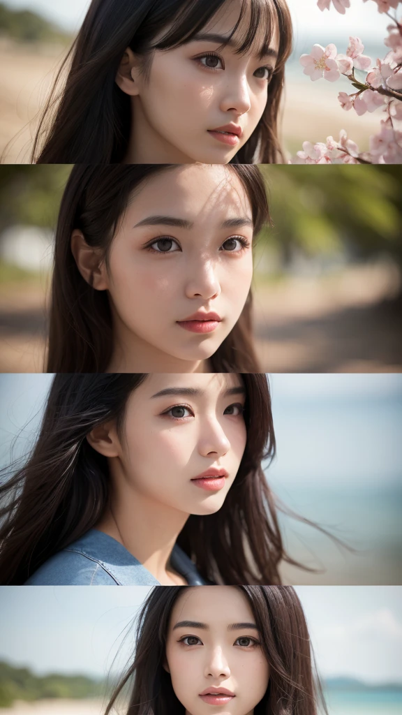Tropical sandy beach、(logo、masterpiece、8K、Tabletop、RAW Photos、wonderful、最high quality、フォトリアリスティックでVery detailedな CG 統合 8K 壁紙、high quality、Very detailed、narrative poem、particles effect、Dynamic Effects、Depth of written boundary、Cinematic Light、Lens flare、Ray Tracing)、Fantasy、 (1 beauty、Cherry blossom shirt、Black-haired、Beautiful Face、True Face、Beautiful details、eye、Beautiful Skin)、髪がWindで踊る、Hair flutters in Wind、Hair bounces、wonderful景色、Morning Glow、Sun in the background、Wind、