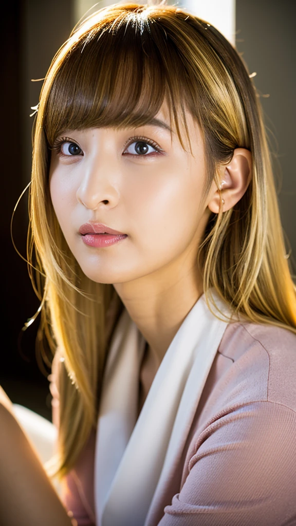 Realistic portrait of a 21 year old Asian girl with blonde skunk hair, Perfect Face, Brown eyes, cute, beautiful, Perfect jawline, Detailed characteristics, Thin Nose, Very detailed. she&#39;certainly, Gentle expression and soft lighting, golden hour sunlight. 背景はbeautiful屋外の風景にしましょう, Perhaps a sunny park or beach. This image was taken in high resolution using an 85mm lens.、Offering a fascinating perspective、Large Breasts、Cleavage、smiling face
Waiting to start 
