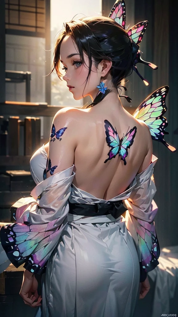 a woman wearing a traditional japanese kimono, ((large butterfly tattoo on her back)), beautiful detailed eyes, beautiful detailed lips, extremely detailed eyes and face, long eyelashes, detailed intricate kimono patterns, cinched waist, flowing sleeves, traditional japanese hairstyle, natural lighting, warm color tones,  ((large butterfly tattoo on her back))(best quality,4k,8k,highres,masterpiece:1.2),ultra-detailed,(realistic,photorealistic,photo-realistic:1.37),cinematic lighting,vibrant colors,detailed texture,intricate details,seamless,elegant,beautiful,graceful