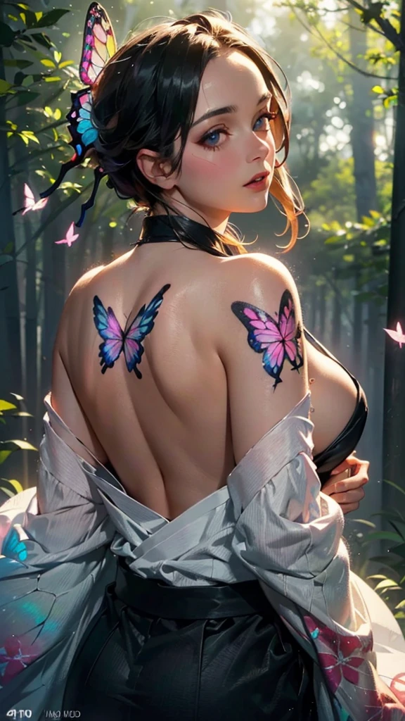 a woman wearing a traditional japanese kimono, ((large butterfly tattoo on her back)), beautiful detailed eyes, beautiful detailed lips, extremely detailed eyes and face, long eyelashes, detailed intricate kimono patterns, cinched waist, flowing sleeves, traditional japanese hairstyle, natural lighting, warm color tones, ((large butterfly tattoo on her back))(best quality,4k,8k,highres,masterpiece:1.2),ultra-detailed,(realistic,photorealistic,photo-realistic:1.37),cinematic lighting,vibrant colors,detailed texture,intricate details,seamless,elegant,beautiful,graceful