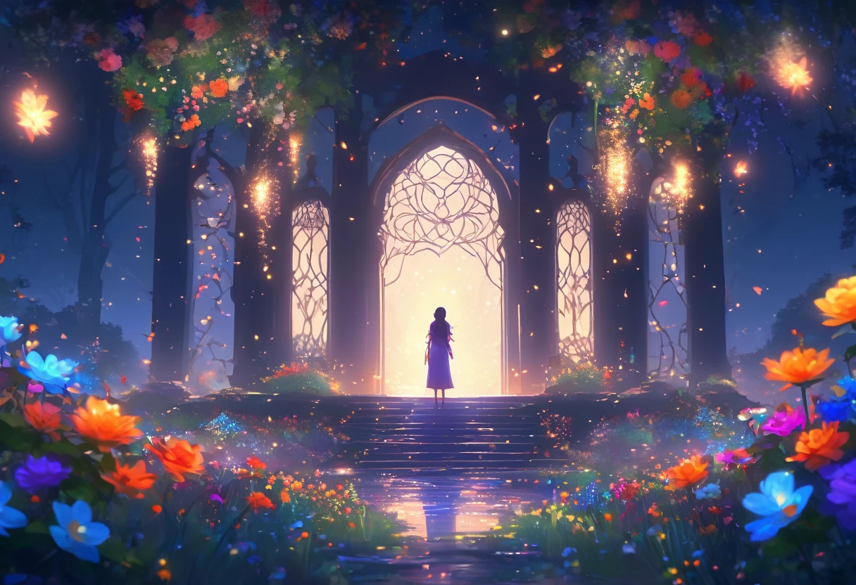 (((zoom out))),8k,((Highest quality)),((high-res)),((shot from behind)),night,She stands in a sanctuary in nature,flowers,outside,colorful,thank you!