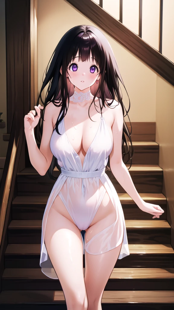 Beautiful Chitanda,只有一个beautiful girl,Purple Eyes, Black Hair, Natural straight hair, Straight bangs,Extremely refined,open your lips,Face is so red,Very white skin,Skin as delicate as porcelain,Glowing skin,big eyes,Flowing long hair,beautiful girl, Like a dream,Slim,Slim waist,Soft, (Sensual), (Kawaii), Dream quality,Loose white transparent dress,High slit,Sweaty and sweaty,Wet skin,Side breasts,Underwear Rain,Standing on the spiral staircase in the air,(Completely naked),Gluteal groove,Completely naked的背部,nacked hip,very close,Deep V neckline,Loose neckline,Beautiful big breasts,No pants,nopan,no pants,Bare shoulders,Exposed collarbone,Delicate clavicle,Delicate hands and feet,Bare neck,There are no clothes around the neck,Bare thighs,Exposed groin,Camel toe,extremely shy,Ultra-high resolution, (masterpiece:1.2, best quality), (Delicate and beautiful eyes: 1.2), (Beautiful and delicate face)