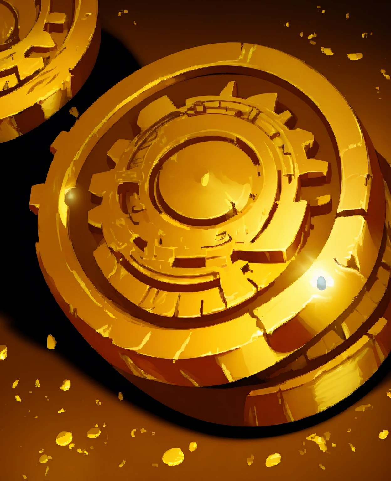 a coin ship, highly detailed, intricate mechanical gears and mechanisms, golden metallic textures, glowing gem stones, futuristic sci-fi design, cinematic dramatic lighting, photorealistic, 8k, best quality, masterpiece