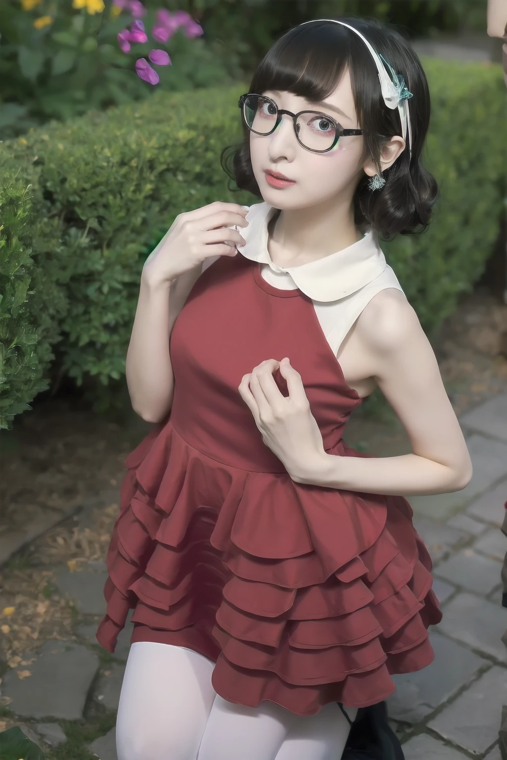 High quality masterpiece UHD high detail, pretty girl, Red eyes、Big eyes、Glasses, Thin lips, Ahoge Curly Hair Hairpin, Mermaid Dress, Knee-high socks, A clear English garden, Wide-angle