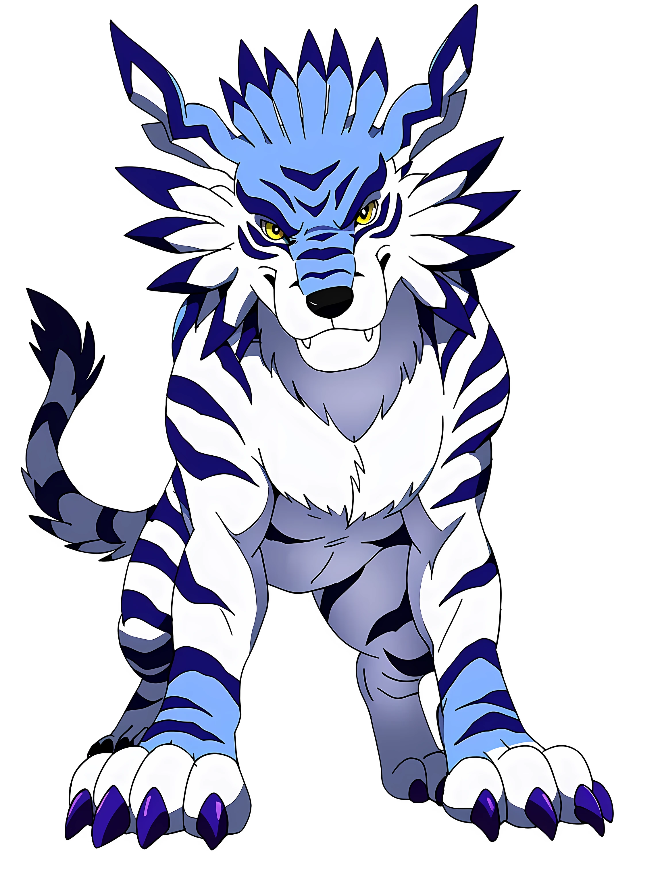 Garurumon, full body, feral:1.1, quadruped, standing, posing, fangs, high quality, yellow eyes, big eyes:1.1, detailed eyes, muscular, by wfa, by rossciaco, by seibear, by fabfelipe, purple claws, big paws, no background, white background, celshaded art style, big paws, wolf tail