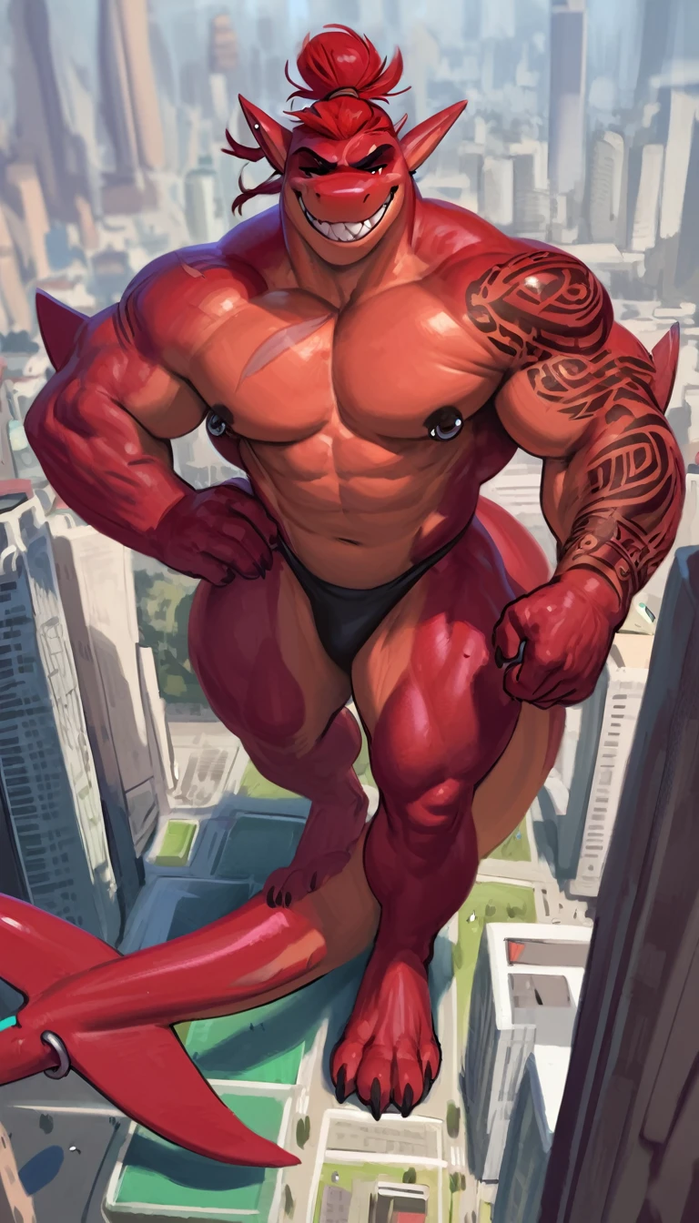 bright red colored bara shark, white countershade, red skin, large plump hairy pecs, strong physique, tribal tattoos, scarlet samurai hair in ponytail, cyan colored eyes, black sclera, very muscular, perfect anatomy, scars on body,nipple piercings, solo, masterpiece beard, strong jaw, thick thighs, giant biceps, muscular, smirking, smug expression, shark tail, from above view, bird's eye view, small airplane in background, standing in city, wide shot, macro, extremely tall, incredibly huge, insane height, in tiny city, two point perspective, from below view, wearing thong, grin, amazing shading, full body, detailed hands, detailed eyes, detailed face, detailed arms,anthro, muscular, abs, (detailed:1.5), male, detailed background, by meesh, by darkgem, by sligarthetiger, by zackary911, by nightterror, spreading legs, detailed musculature