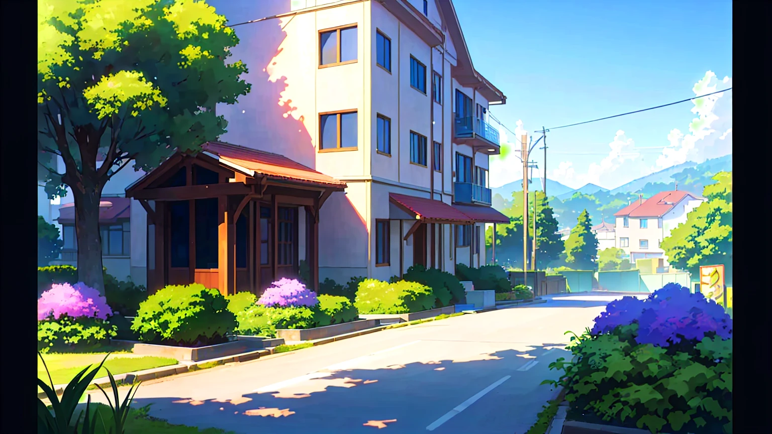 there is a painting of a street with a house and a car, anime background art, detailed scenery —width 672, anime style cityscape, anime countryside landscape, beautiful anime scenery, anime scenery, anime scenery concept art, realistic anime 3 d style, painted in anime painter studio, style of makoto shinkai, residential area, beautiful anime scene, anime landscape