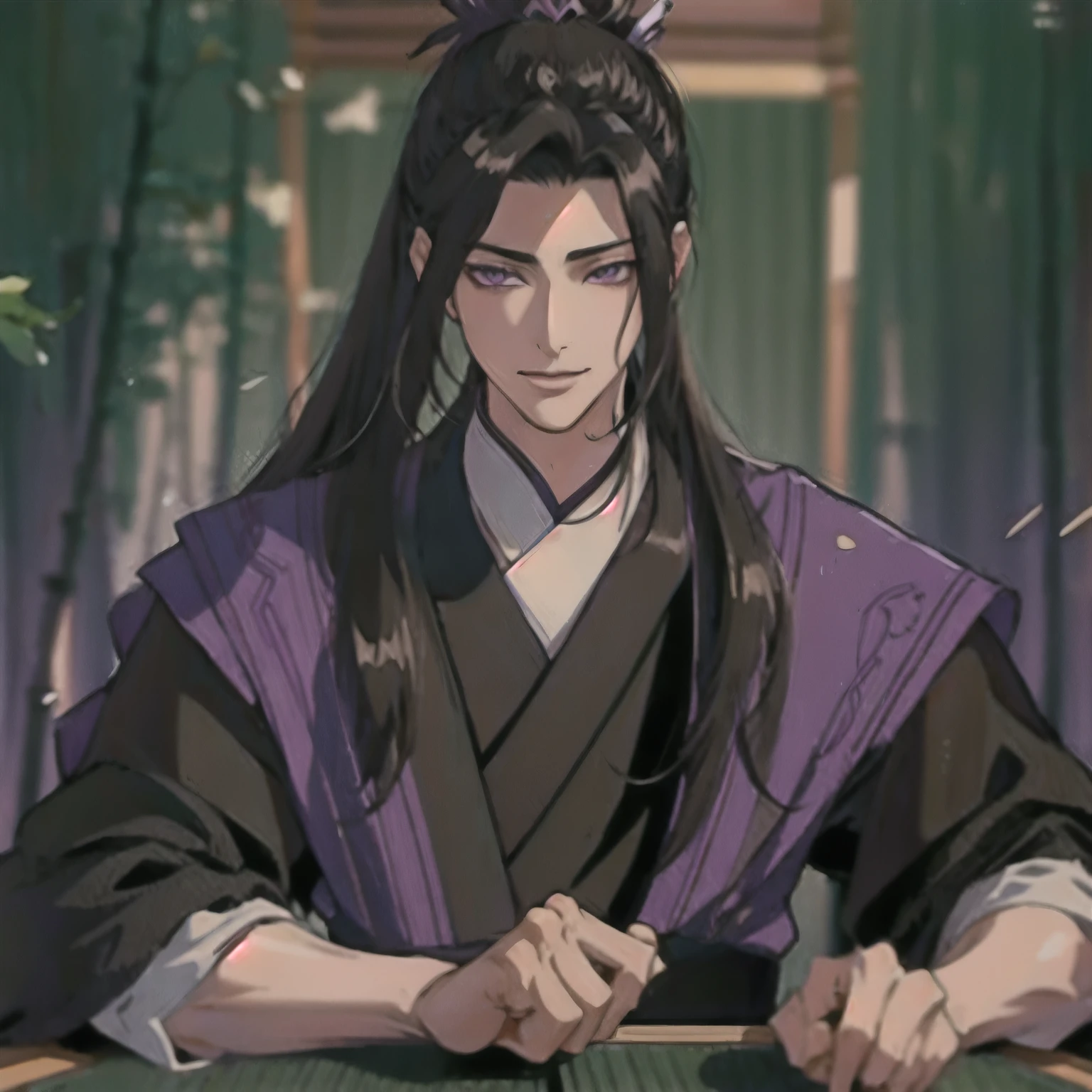 (masterpiece, best quality:1.2), 1male, solo, jiang cheng, mo dao zu shi, mdzs, purple and black clothes, purple eyes, long black hair, perfect anatomy, smile, sitting chinese room
