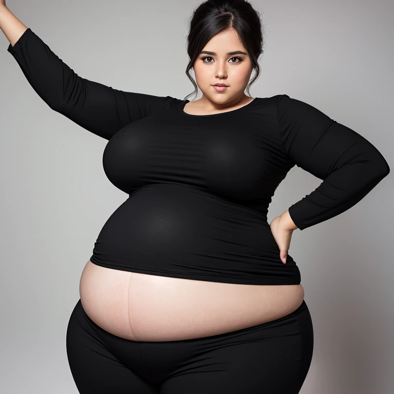 pregnant woman in black top and black pants reaching out, large round belly, thick and round belly, chubby woman, chubby belly, big belly, folds of abdominal flap, chubby, large belly, curvy woman, pregnant belly, portrait of a chubby woman, a chubby