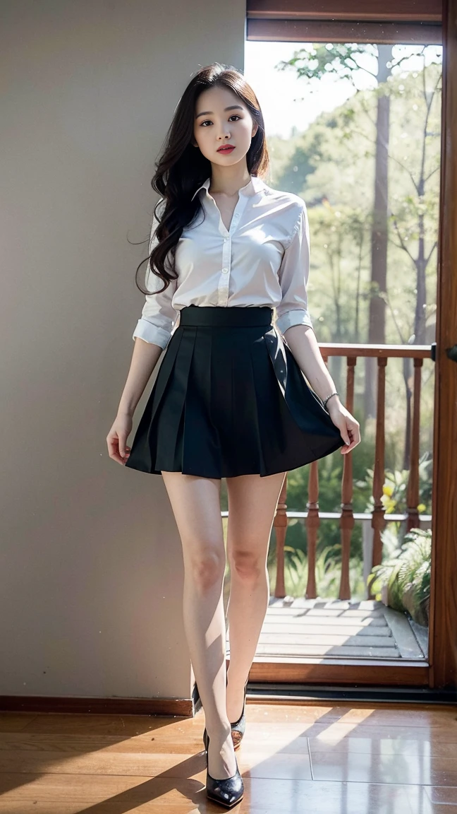 Mix 4, 20 days, Solitary, long_hair, shirt, skirt, High target_High heel, full_Body, look_exist_查look者, (8K, RAW photos, best quality, proficient:1.2), (Practical, photo-Practical:1.37), Professional lighting, Photon Mapping, light energy transfer, Physically Based Rendering, (A girl in the forest),