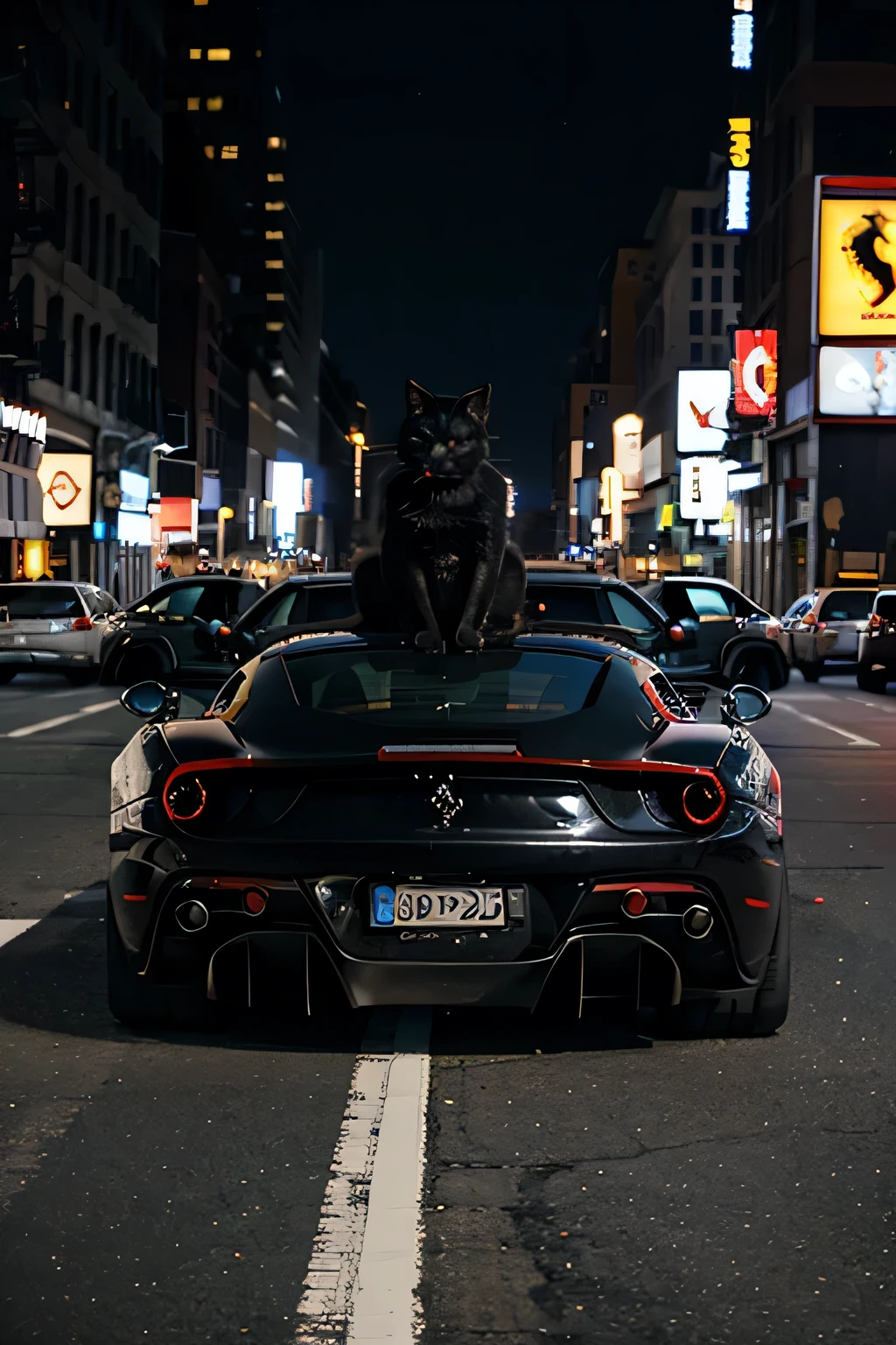 Black cat Cat driving a Ferrari on the street of New York