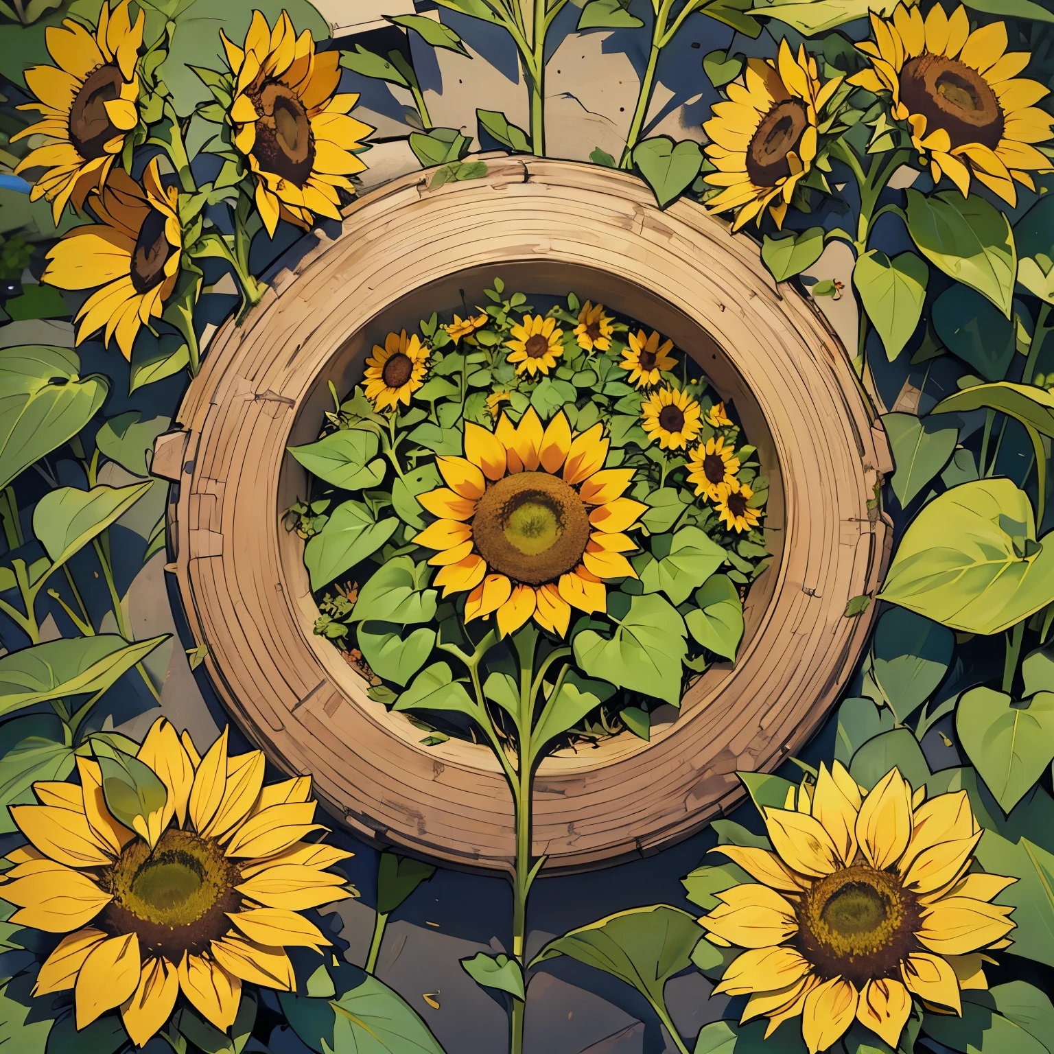Sunflower garden,Sunflowers are bright, Dark Gold, and rich brown, flower texture, Leaves, and stems, artwork, fuzzy center (Small Flower), --automatic